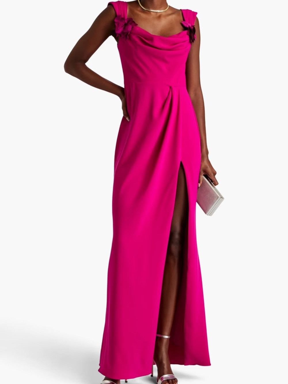 Fuchsia Draped Maxi Gown with Floral Shoulder Accents